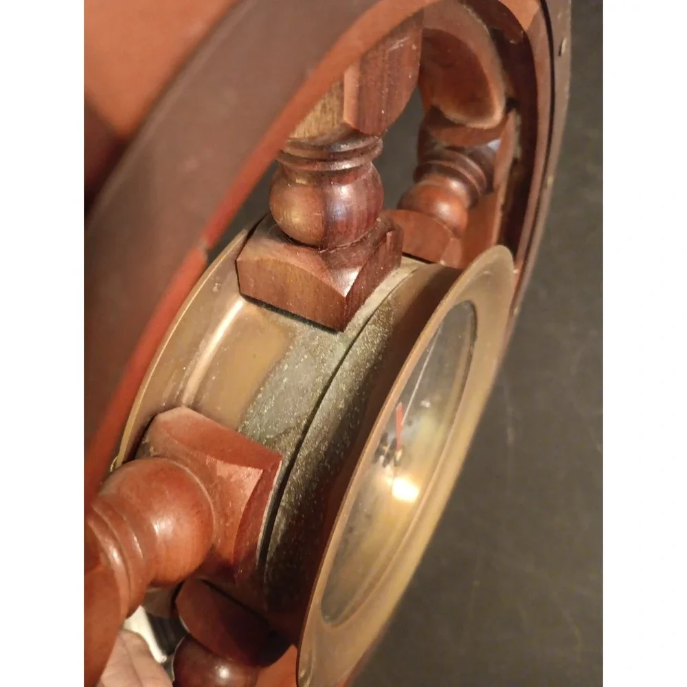 Vintage Nautical Wooden Ships Wheel Wall Clock Brass Quartz Maritime Decor